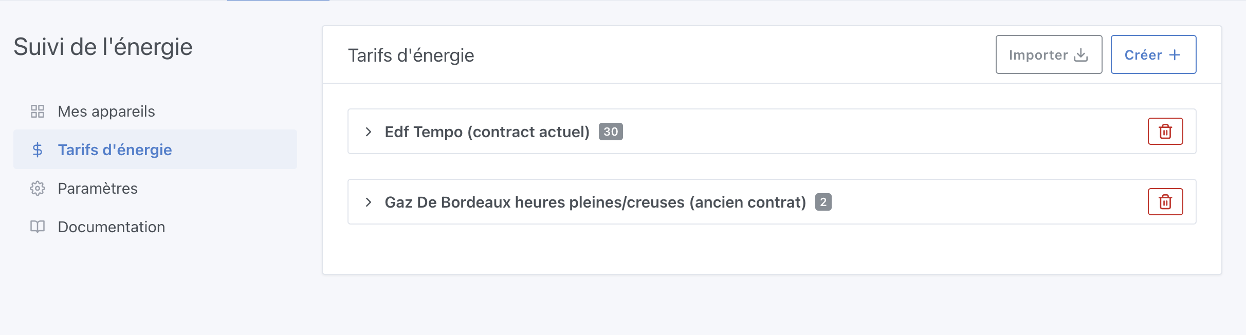 Suivi de l'énergie liste de prix tempo